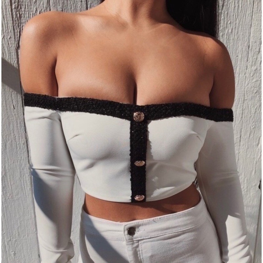 Meshki x Amber Scholl : Claudia Tweed Trim White Bardot Top | Size XS | NWT ✨🤍
